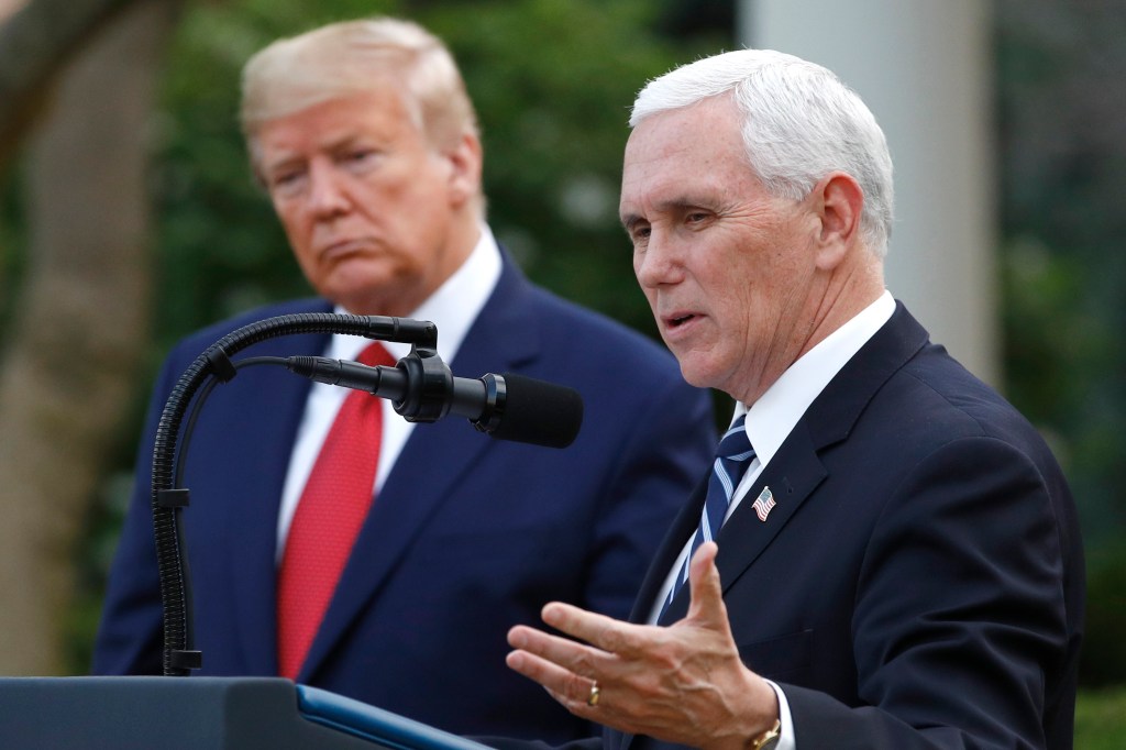 FILE - President Donald Trump listens as Vice President Mike Pence speaks during a briefing at the White House, March 29, 2020, in Washington. In an interview with Fox News Channel Friday, March 15, 2024, Pence said he will not be backing Donald Trump in the 2024 election. "It should come as no surprise that I will not be endorsing Donald Trump this year," he said. (AP Photo/Patrick Semansky, File)