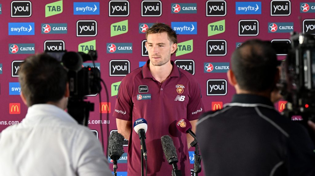Brisbane Lions co-captain Harris Andrews was left to face the media over rumours of a rift within the premiership runners-up (AAP Image/Darren England) 