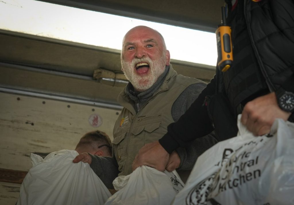 FILE - Jose Andres, a Spanish chef, and founder of World Central Kitchen unloads the humanitarian food packages. World Central Kitchen, called a halt to its work in the Gaza Strip after an apparent Israeli strike killed seven of its workers, including one Australian. (AP Photo/Efrem Lukatsky, File)