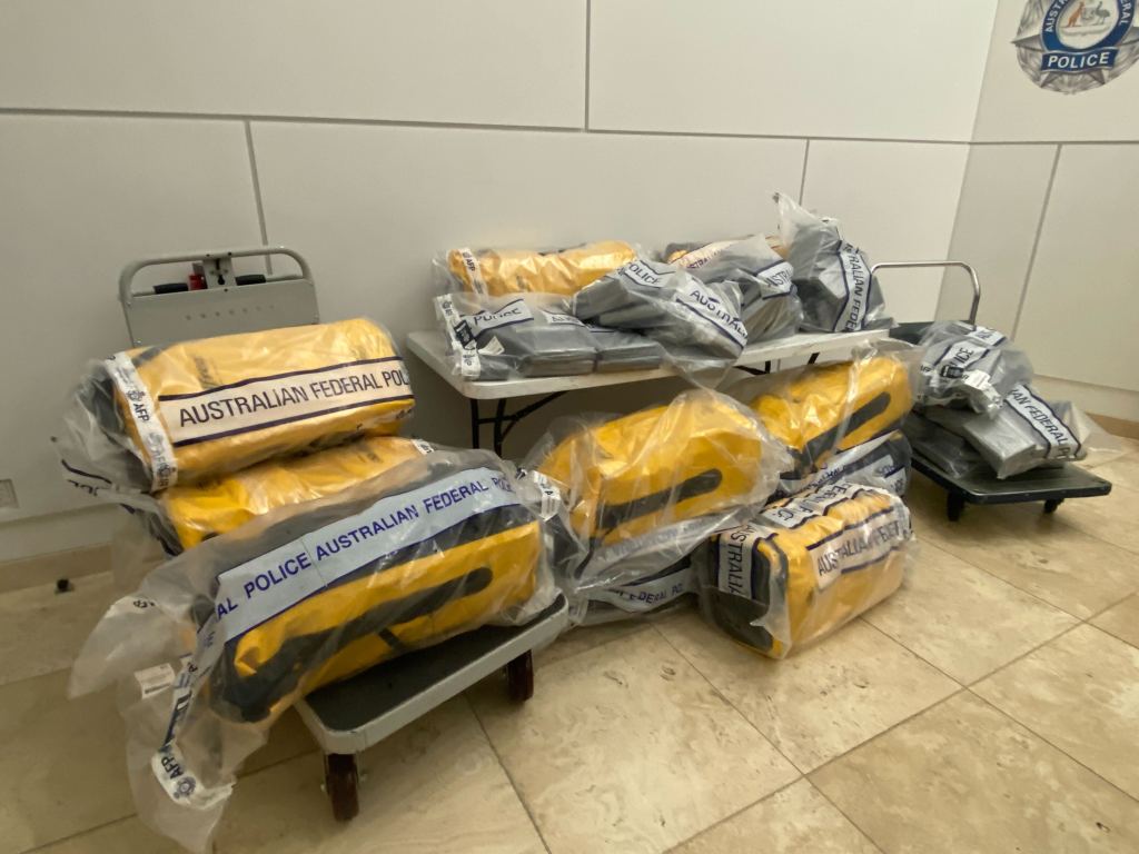 A supplied image obtained on Tuesday, April 30, 2024, of the bust of a 500kg cocaine import into a port in Queensland after a mother daughter ship operation. (AAP Image/Supplied by AFP) NO ARCHIVING, EDITORIAL USE ONLY