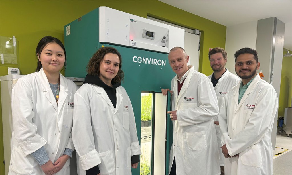 La Trobe honours student Jiayue Wang, PhD student Sofya Gvaramiya,  Professor Mathew Lewsey, Dr Frazer Thorpe, and Bioinformatician Onkar Nath. (Image: Supplied). 