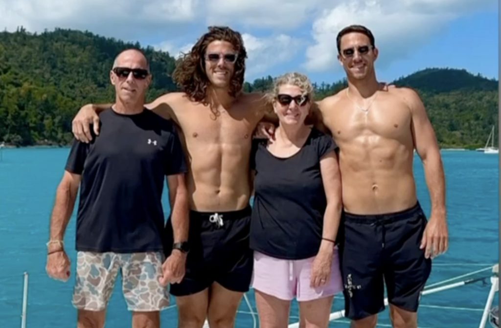 A screen grab taken from a Seven News report on Saturday, May 4, 2024, of brothers Jake Robinson (right) and brother Callum (2nd from left) Robinson together with their parents. Mexican authorities have reportedly found three bodies in Baja Peninsula, where two Australian brothers and a friend went missing. (AAP Image/Supplied 7 news) 