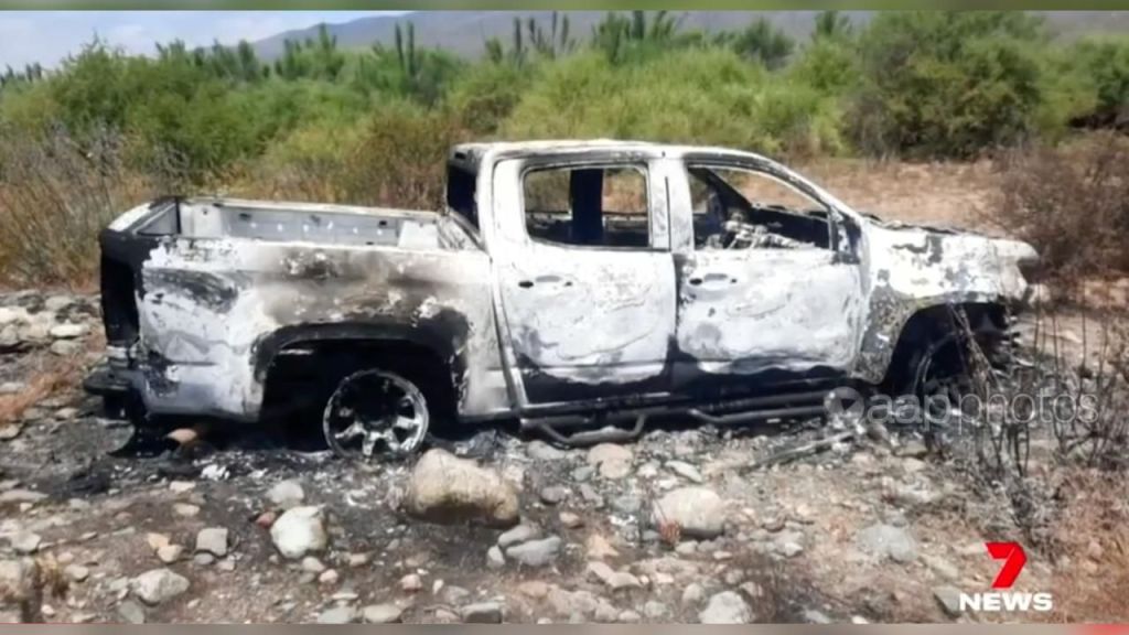 The burned-out van over which two Australian brothers and their American friend were coldly murdered (Image, Channel 7).