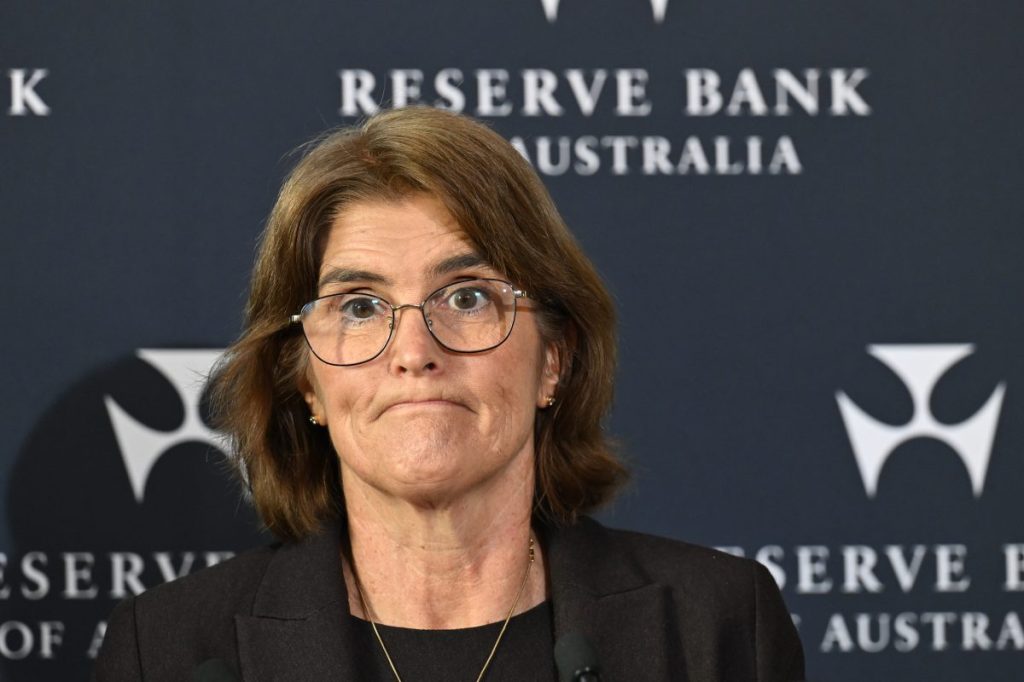 Reserve Bank Governor Michele Bullock fronts the media after announcing the cash interest rate would remain on hold. (AAP Image/Dean Lewins) 