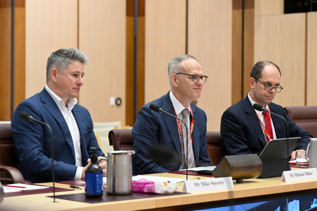 Nine Entertainment CEO Mike Sneesby, NewsCorp Australia Executive Chairman Michael Miller and Seven West Media CEO Jeffrey Howard front the an inquiry into Social Media and Australian Society at Parliament House in Canberra. (AAP Image/Lukas Coch) 