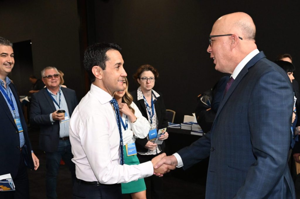 Queensland LNP Leader David Crisafulli and Federal Opposition Leader Peter Dutton are seen during  lst year's Queensland Liberal National Party (LNP) annual conference in Brisbane, Saturday, July 8, 2023. (AAP Image/Darren England) 