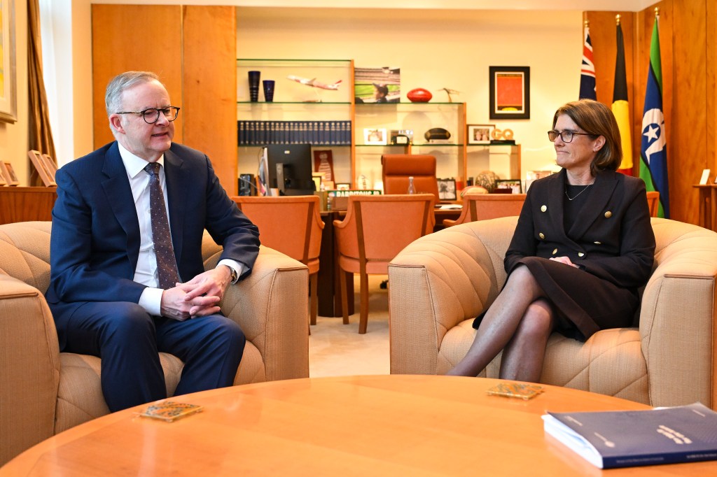 Australian Prime Minister Anthony Albanese speaks to incoming RBA governor Michele Bullock during a meeting at Parliament House in Canberra, Friday, July 14, 2023. (AAP Image/Lukas Coch) NO ARCHIVING