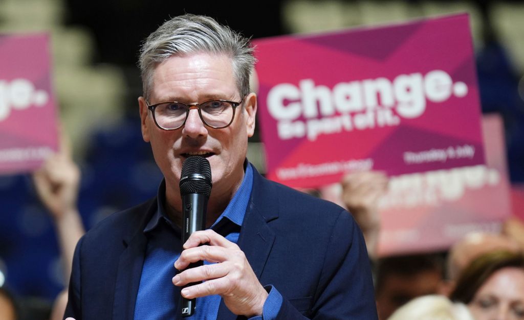Britain's Labour Party leader Sir Keir Starmer speaks during a visit to the Caledonian Gladiators Stadium in East Kilbride, Scotland, Wednesday July 3, 2024, while on the General Election campaign trail. (Andrew Milligan/PA via AP)