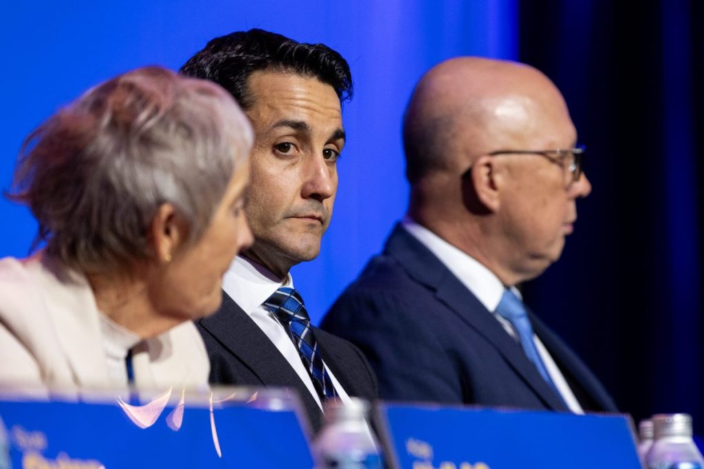 Leader of the QLD LNP David Crisafulli (left) and Federal Oppoisition Leader Peter Dutton (right) are seen during the Queensland LNP's annual convention at the Brisbane Convention and Exhibition Centre, in Brisbane, Saturday, July 6, 2024. (AAP Image/Russell Freeman) NO ARCHIVING