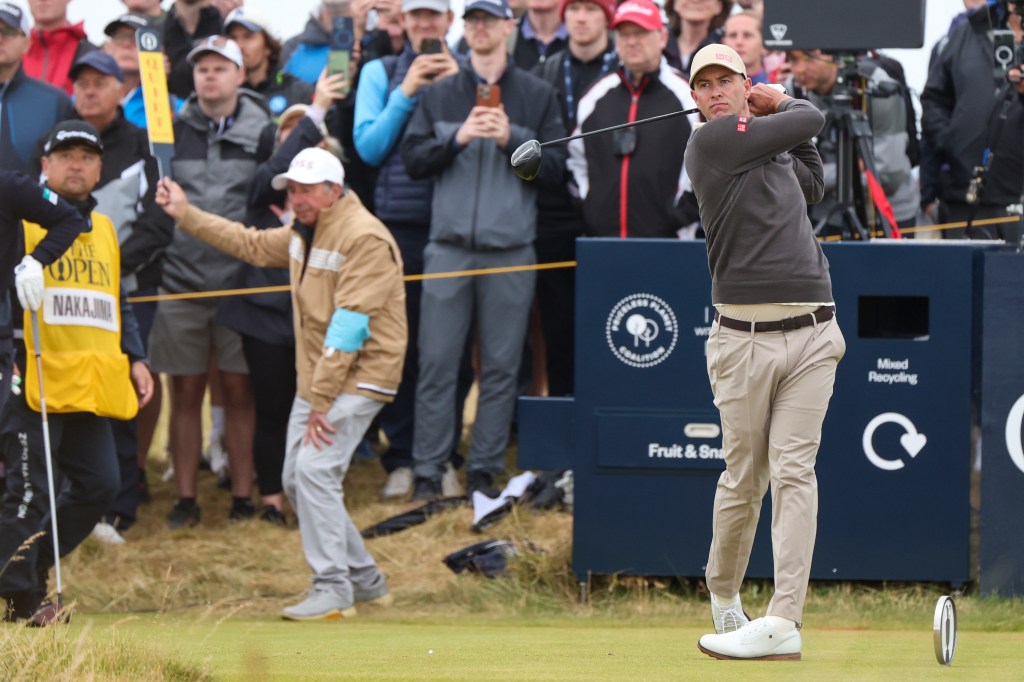 Adam Scott of Australia hits off the sixth tee during their opening round of the British Open Golf Championships at Royal Troon golf club in Troon, Scotland, Thursday, July 18, 2024. (AP Photo/Scott Heppell)