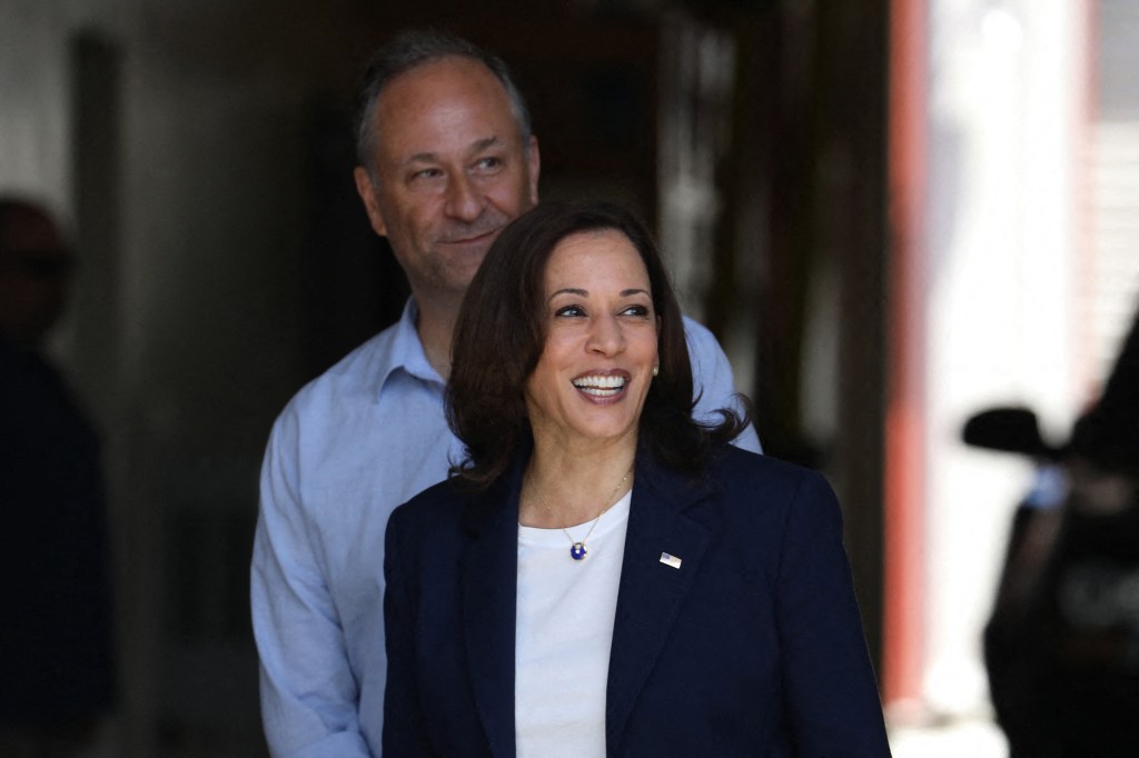 File photo - Vice President Kamala Harris and her husband Second Gentleman Douglas Emhoff make a surprise visit to LAFD Station 19 in the Brentwood neighborhood of Los Angeles, California, USA as part of the holiday celebration July 4, 2021. In 2019, the Station 19 crew were part of the 1,000 plus firefighters that fought the Getty Fire in Los Angeles, CA, USA. President Biden announced he was suspending his re-election campaign and putting his faith in Harris. Within hours, the vice-president confirmed her own bid for the White House. â€œI will do everything in my power to unite the Democratic party, and unite our nation, to defeat Donald Trump,â€ Harris said. â€œWe have 107 days until Election Day. Together, we will fight. And together, we will win." Photo by David Swanson/Pool/ABACAPRESS.COM.