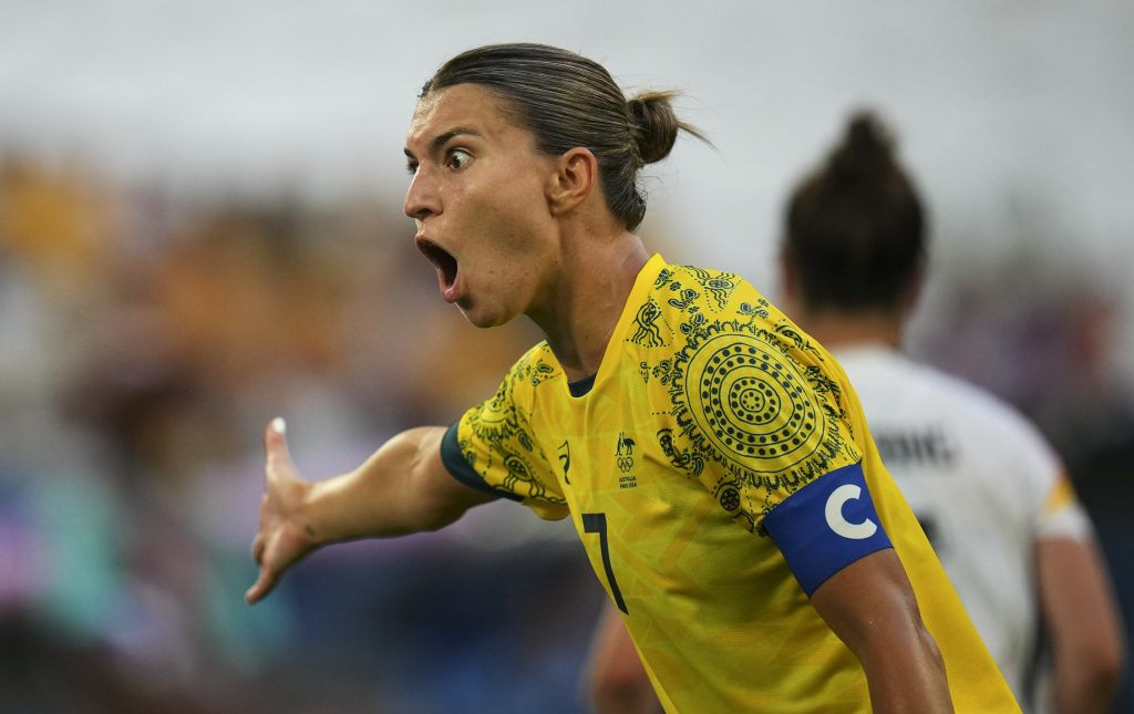 Australia's Steph Catley reacts during the women's Group B soccer match between Germany and Australia at the Velodrome stadium, during the 2024 Summer Olympics, Thursday, July 25, 2024, in Marseille, France. (AP Photo/Daniel Cole)