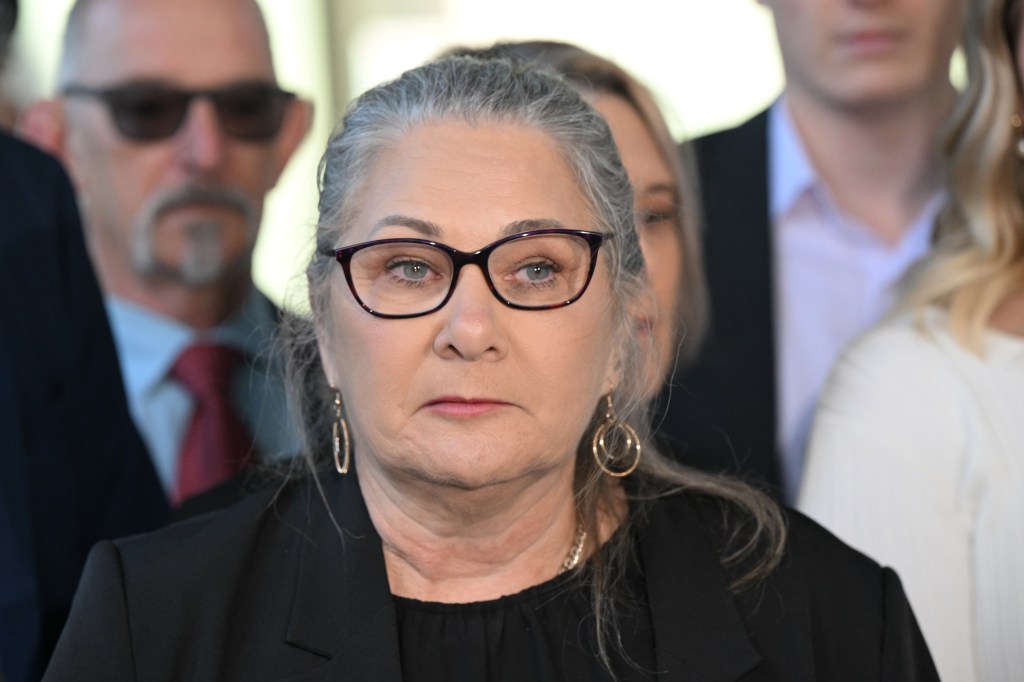 Rachel McCrow’s mother Judy McCrow speaks to the media outside the Brisbane Coroners Court. (AAP Image/Darren England) 