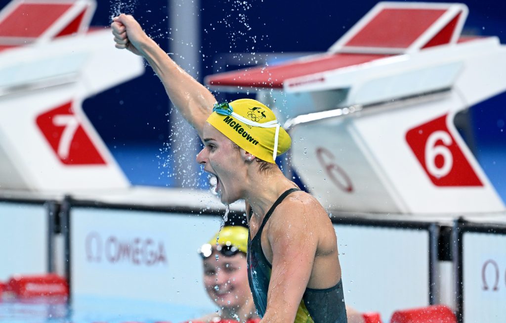 Australian swimmer Kaylee McKeown reacts after the Women's 100m Backstroke Final at Paris La Defense Arena, as part of the 2024 Paris Olympic Games, in Paris, France, Tuesday, July 30, 2024. (AAP Image/Dean Lewins)