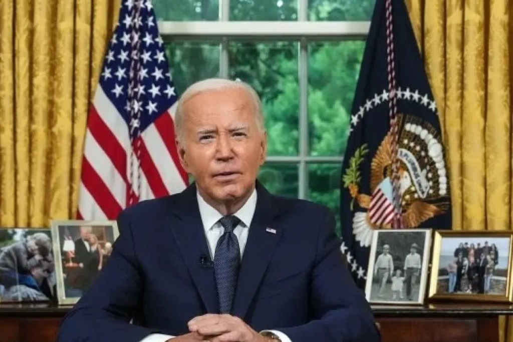 President Joe Biden addresses the nation from his Oval Office. (image: AAP)
