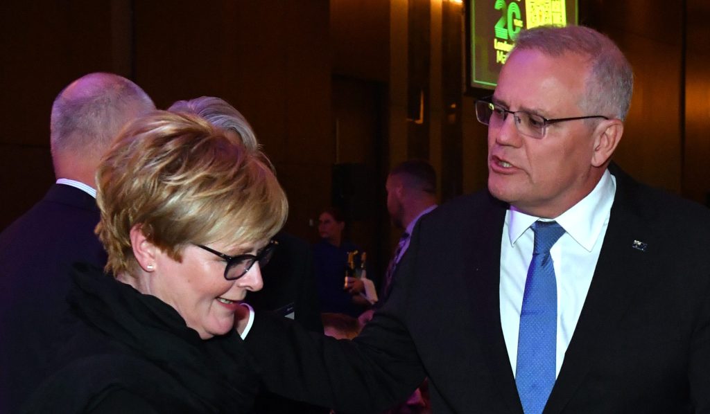 Minister for National Disability Insurance Scheme Linda Reynolds and Prime Minister Scott Morrison at the West Australian’s Leadership Matters Federal Election Lunch on Day 26 of the 2022 federal election campaign, at Crown Casino in Perth. (AAP Image/Mick Tsikas) 