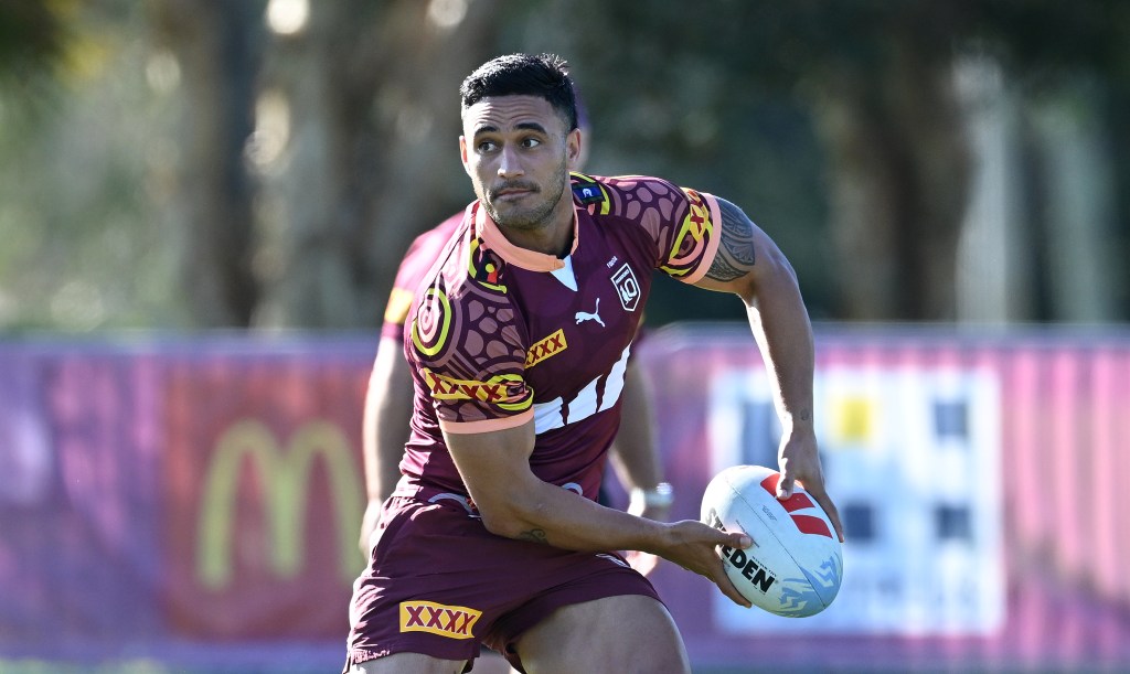 Valentine Holmes during a Queensland Maroons State of Origin training session at Sanctuary Cove on the Gold Coast, Thursday, July 11, 2024. (AAP Image/Dave Hunt) 