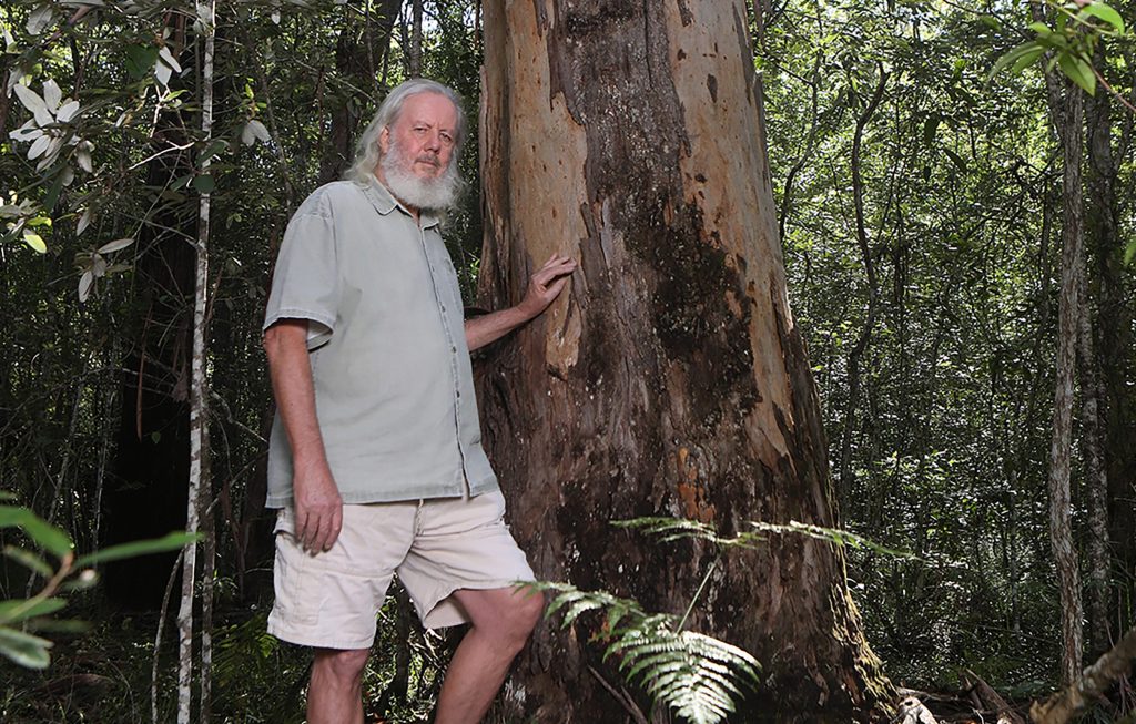 A supplied image obtained on Thursday, August 8, 2024, of veteran conservationist Dailan Pugh in Pugh's Frog habitat in Washpool National Park, NSW. The Pugh's Frog is listed as endangered under federal environment laws but the Forestry Corporation of NSW is still logging the small area where it lives. (AAP Image/Supplied by Dailan Pugh, North East Forest Alliance) NO ARCHIVING, EDITORIAL USE ONLY