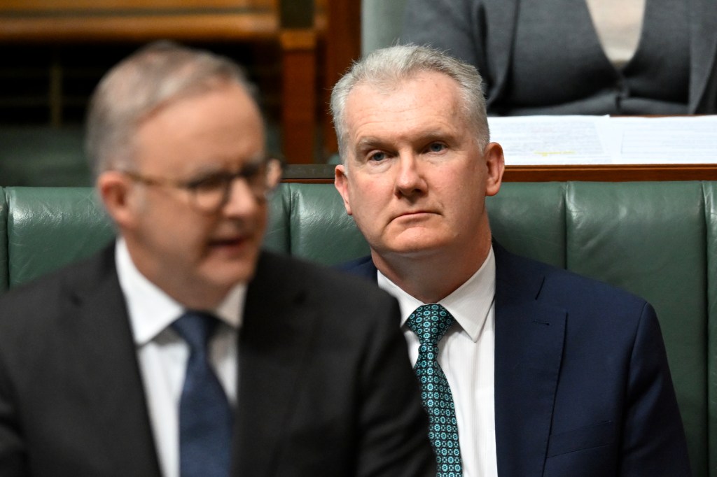 Australian Home Affairs Minister Tony Burke listens to Australian Prime Minister Anthony Albanese speak during Question Time at Parliament House in Canberra, Monday, August 12, 2024. (AAP Image/Lukas Coch) NO ARCHIVING