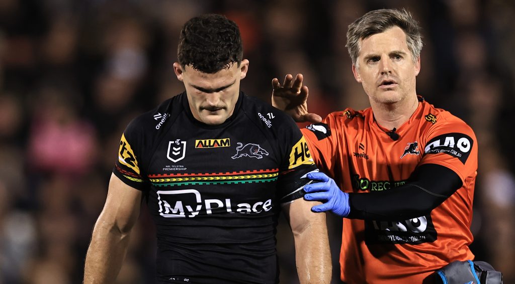 Nathan Cleary of the Panthers comes off with a shoulder injury during the NRL Round 24 match between the Penrith Panthers and the Melbourne Storm at BlueBet Stadium Thursday, August 15, 2024. (AAP Image/MARK EVANS)