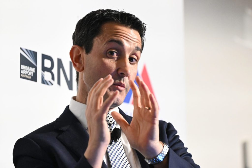 Queensland Opposition Leader David Crisafulli is seen speaking at the Tourism and Transport Forum’s Leadership QLD 2024: Tourism, Aviation and Transport Summit, in Brisbane, Thursday, August 29, 2024. (AAP Image/Darren England) NO ARCHIVING