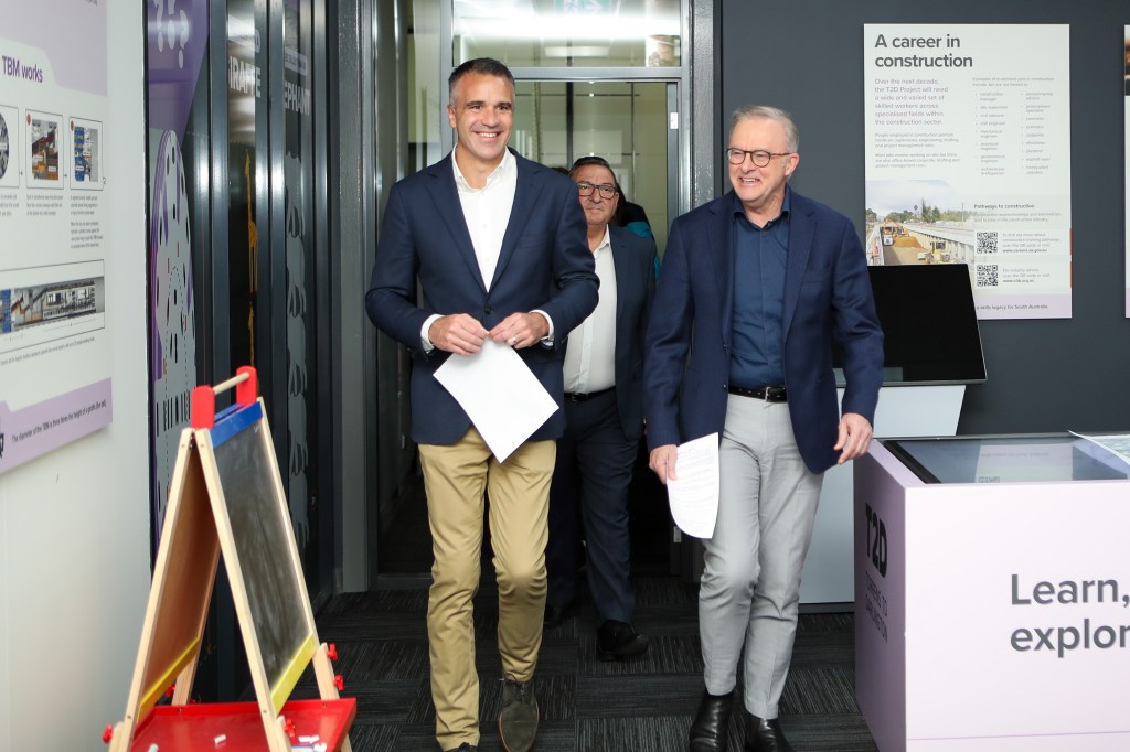 Prime Minister Anthony Albanese with the Premier of South Australia, Peter Malinauskas during a press conference in Adelaide, Sunday, August 11, 2024. (AAP Image/Matt Turner) NO ARCHIVING