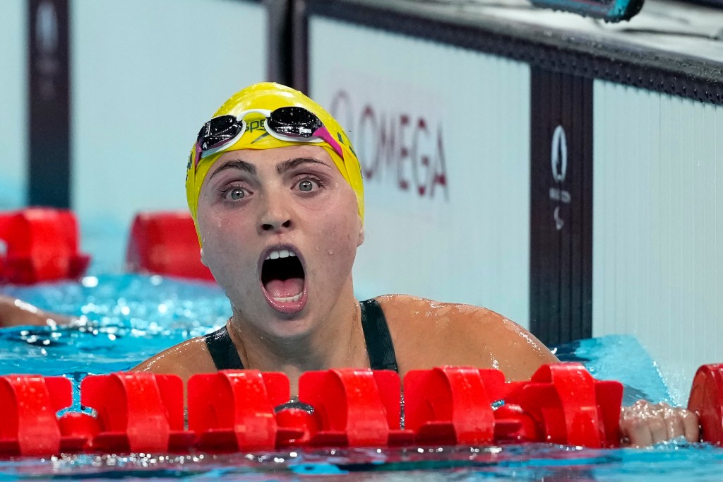 Australia's Alexa Leary reacts after winning the women's 100 m. Freestyle S9 at the 2024 Paralympics, Wednesday, Sept. 4, 2024, in Paris, France. (AP Photo/Aurelien Morissard)