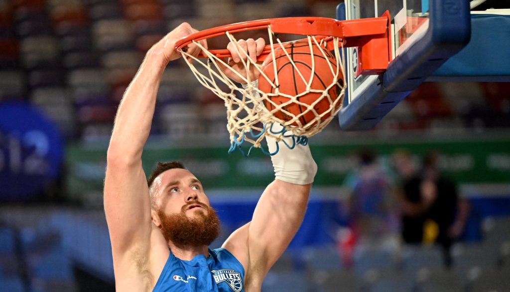 Aron Baynes of the Bullets is seen warming up before the NBL Round 11 match between the Brisbane Bullets and the Cairns Taipans at Nissan Arena in Brisbane, Sunday, December 17, 2023. (AAP Image/Darren England) NO ARCHIVING, EDITORIAL USE ONLY