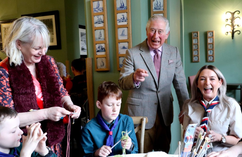Undated handout photo issued by The King's Foundation of King Charles III who was presented with a special hand-knitted cake to mark 10 years of his charity’s textiles education programmes. Future Textiles was set up by The King’s Foundation in 2014 after being inspired by Charles to address the skills gap in the UK textiles industry through education and training. Issue date: Tuesday October 15, 2024.